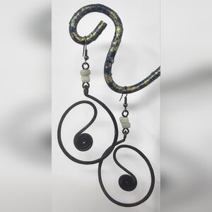 Artisan Crafted Copper Tribal Spiral Hoop Dangle Earrings With Green Beads 3”